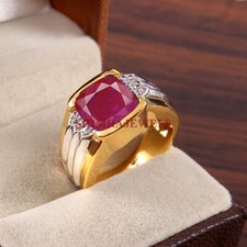 Anello In Argento Placcato Oro 14K Con Gemma Di Rubino Riscaldata Per Uomo #1295