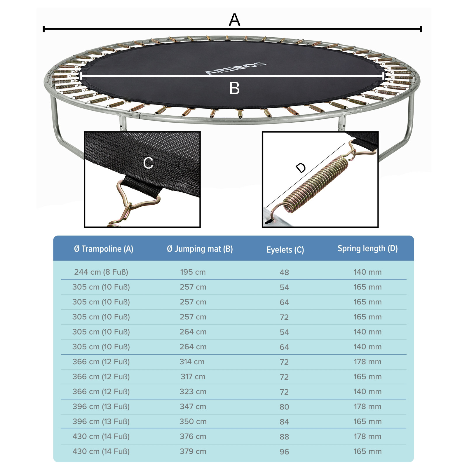 AREBOS Tappeto da salto 347cm per trampolini 396cm 178 mm molle 80
