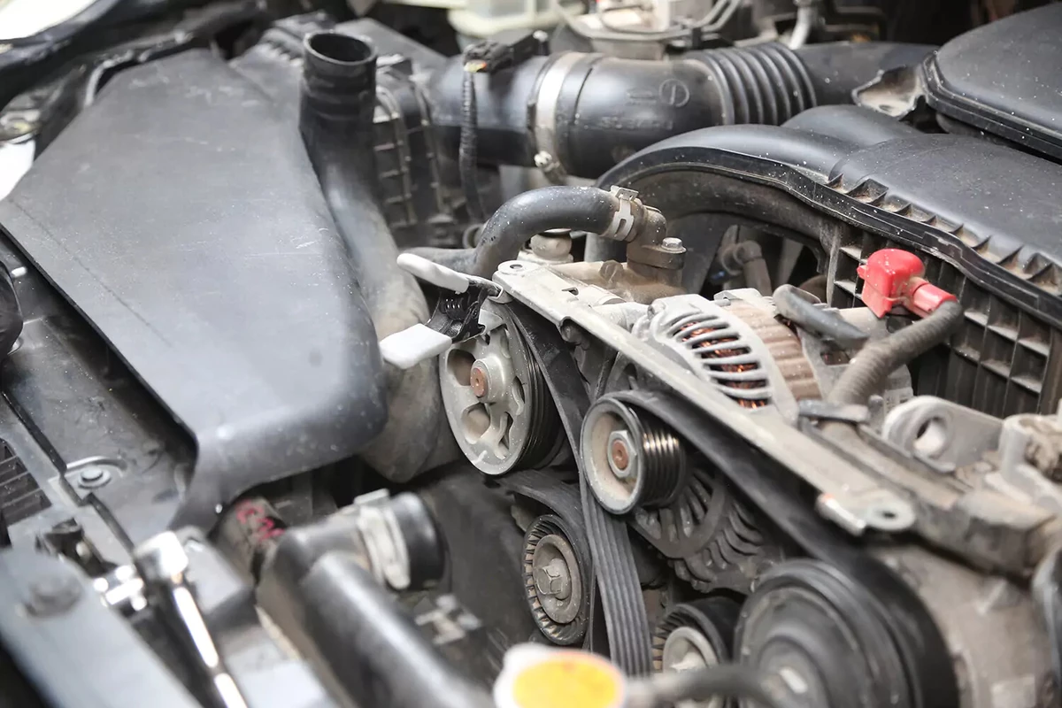 A white handled spring clamp holding the serpentine drive belt in place on the pulleys.