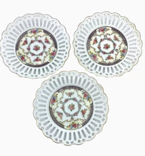 Set of 3 Germany Trinket Dishes pierced White porcelain Roses Reticulated 5.5"