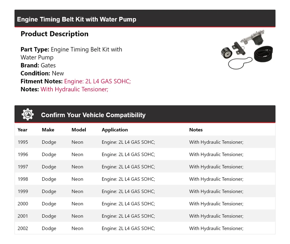 Kit de correa de distribución de motor de neón para Dodge 1995-2002 con puertas de bomba de agua 1996 1997 Foto 2 de 3