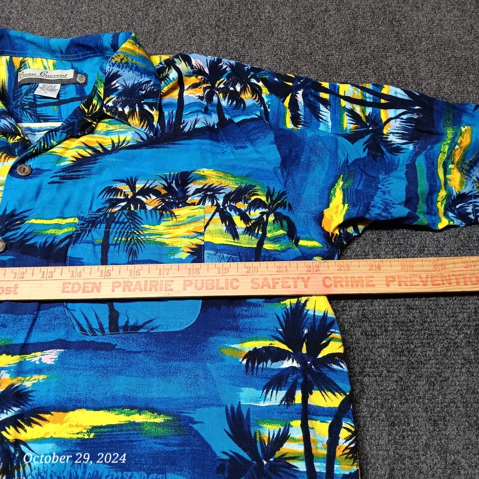 VTG Ocean Current Hawaiian Shirt Men Large Blue Palm Tree Sun Set Print - Image 4 of 4