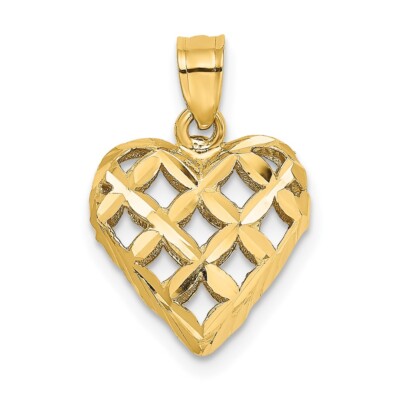 10K Yellow Gold 3-D Diamond-cut Filigree Puffed Heart Pendant