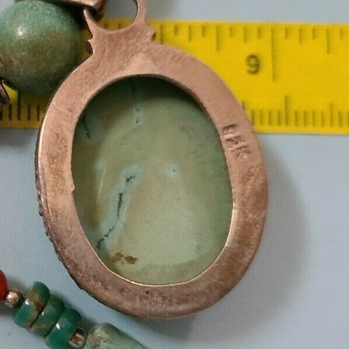 Vtg Native American 925 Turquoise & Coral Carved Bead Pendant Necklace - Picture 9 of 9