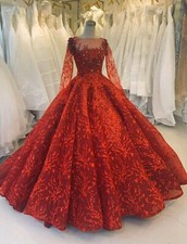 Red or white lace applique long sleeves ball gown wedding/prom dress with train