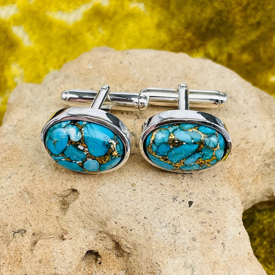 Gemelos de plata de ley 925 con piedras preciosas de cobre turquesa para regalo de novio Foto 2 de 4