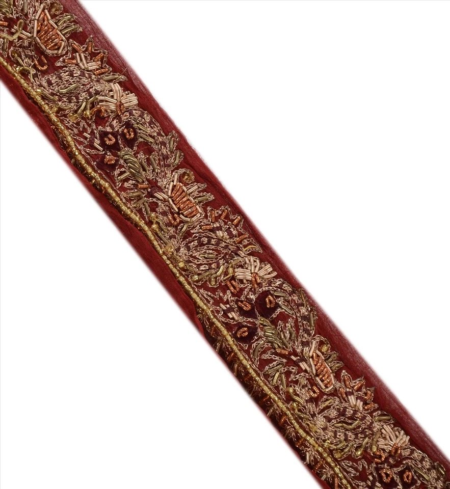 Borde de sari vintage sánskriti adornos artesanales con cuentas a mano cinta de 1 yarda decoración Maoon Foto 2 de 4