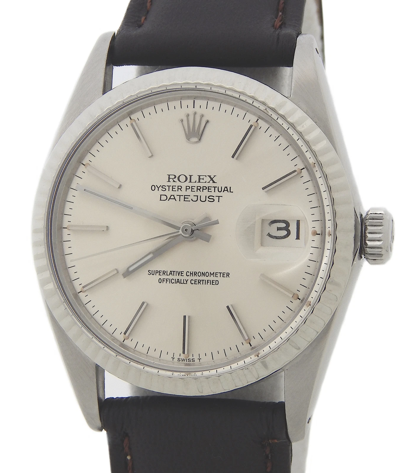 Rolex — Mens Rolex Datejust 16014 Stainless Steel Watch 18K White Gold Bezel Silver Dial