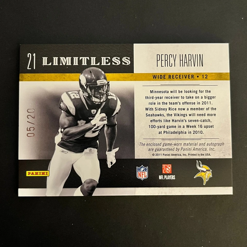 2011 Panini Limited Limitless Jersey Autographs Percy Harvin /20 Vikings - Image 2 of 2