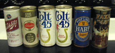 Lot of 6 Vtg Beer Cans Harp Lager Yellow Gold Label  Schliz Colt 45 Faxe Tall SO