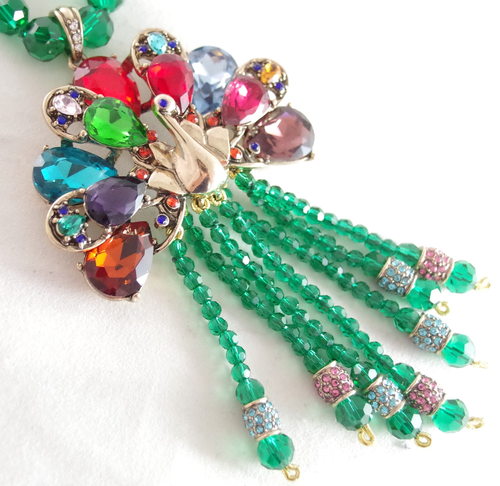 4.5" DESIGNER STYLE CRYSTAL RHINESTONE & GEM PEACOCK BIRD DANGLE BEADED NECKLACE - Picture 5 of 20