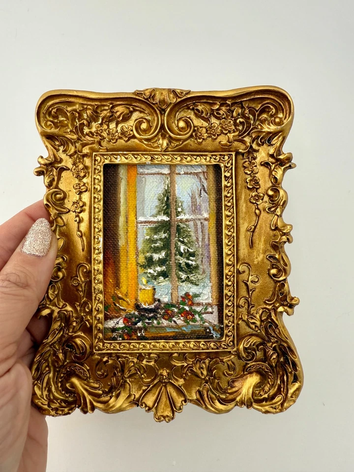 Mañana de Navidad, enmarcado árbol de Navidad pintura al óleo pequeño arte de paisaje de invierno Foto 2 de 4