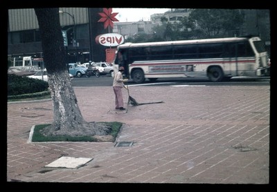sl23  Original slide 1980  sepia  Mexico City Bus man sweep w/ tree Branch 591a
