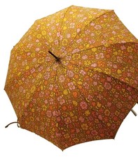 Vintage PK POLAN KATZ Nylon Umbrella Parasol Bamboo Handle FLORAL Pink Orange