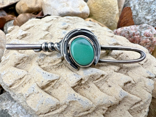 Vintage HORSE TRAINER STERLING SILVER PIN horseshoe + whip MALACHITE Western