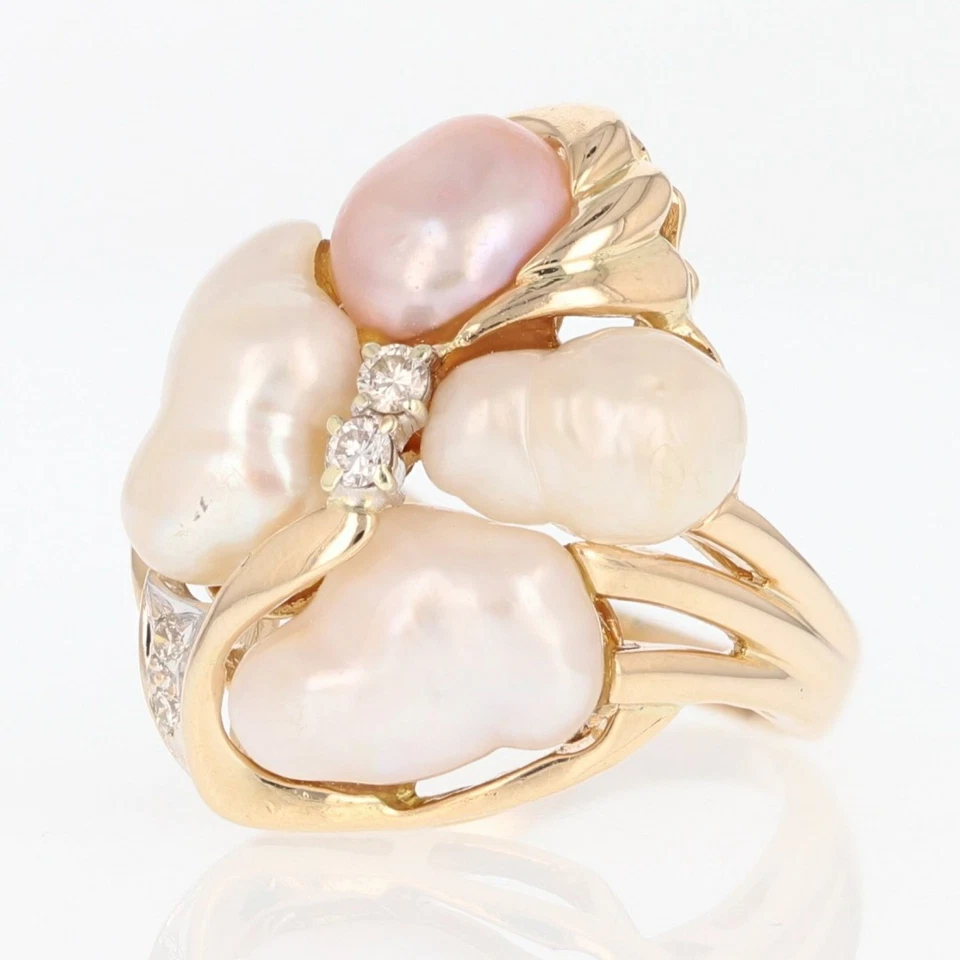 Aglomerado de pérolas barrocas cultivadas com anel de ouro amarelo 14k tamanho 7,25 - Imagem 3 de 4