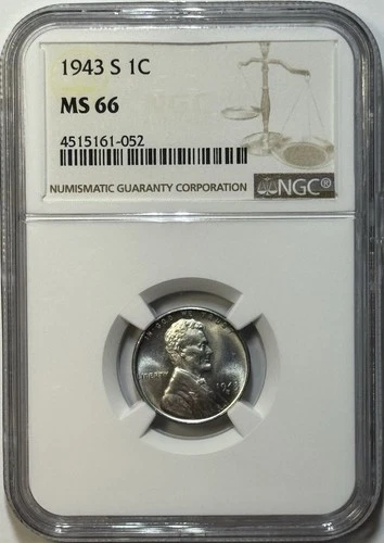1943‑S Lincoln Wheat Steel Penny– NGC MS66– Gem Uncirculated WWII “Steelie" Coin