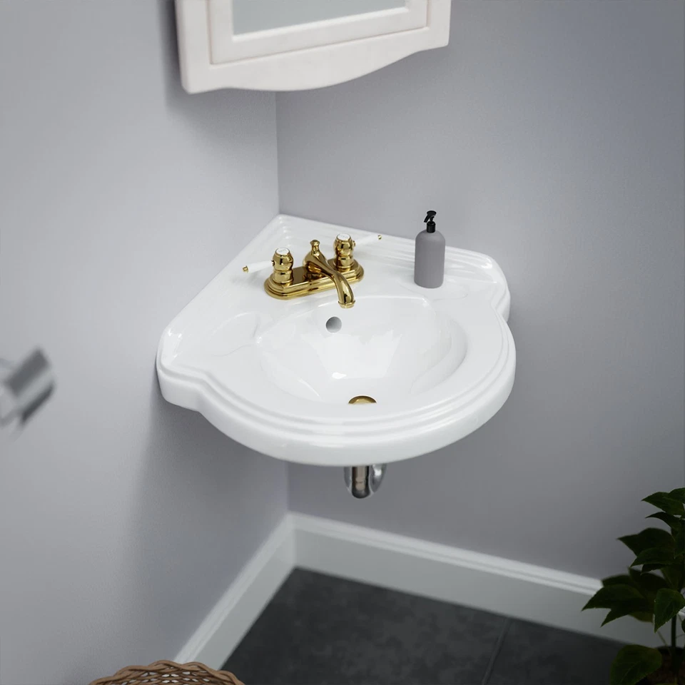 White Corner Wall Mounted Bathroom Sink Portsmouth 22" with Overflow and Bracket - Image 2 of 4