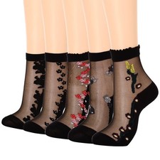 Black Sheer Ankle Socks, Floral Nylon, Pattern Mesh, Womens, Transparent, Cute