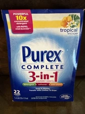 Purex Complete 3-in-1 Laundry Sheets Tropical Escape Detergent Softener 22 Loads