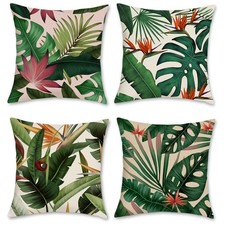 Tropical Leaves Throw Pillow Covers 18x18 Set of 4 Green Palm Leaf Monstera B...