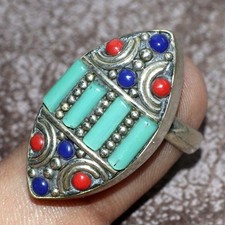 Nepali Tribal Tibetan Turquoise Red Coral Ring Handmade Size Us FreeSize JW