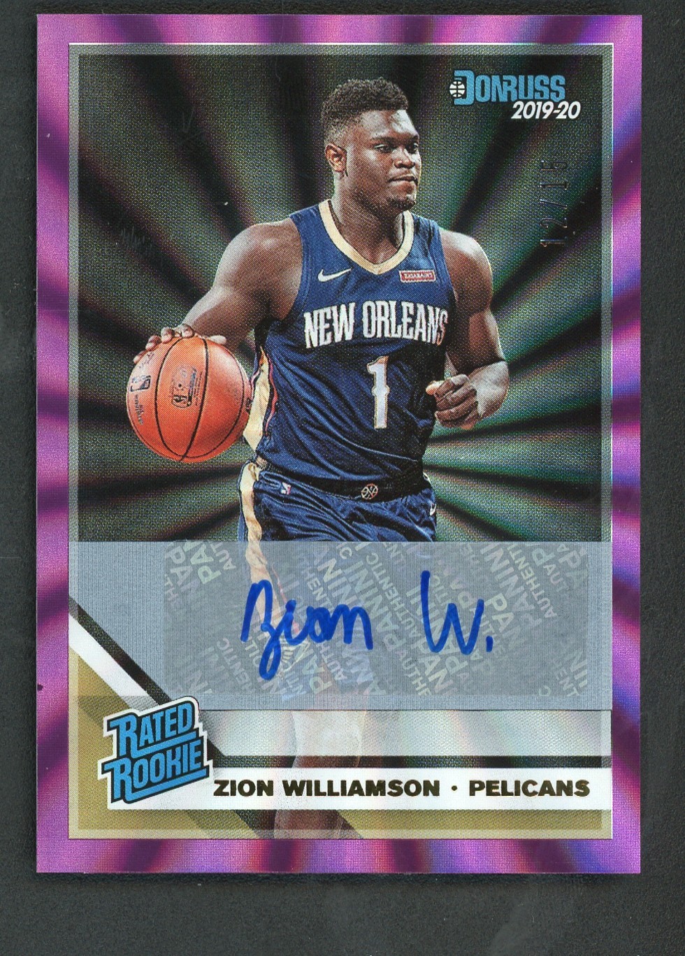 2019-20 Donruss Zion Williamson RC Rookie Purple Laser AUTO /15 CENTERED