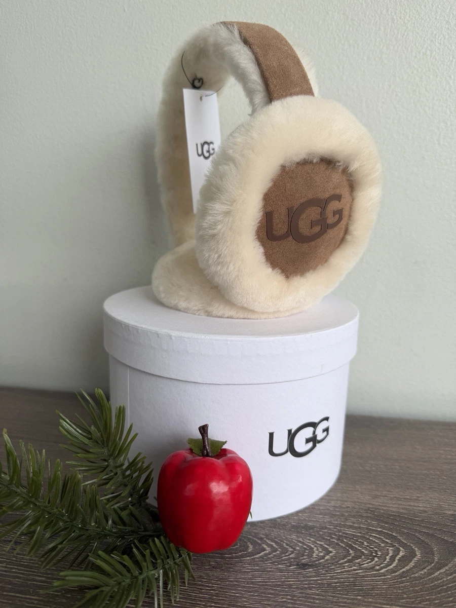 UGG LOGO Australia Shearling Sheepskin Earmuffs Chestnut in Box