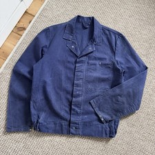 80-90s French Vintage Blue Faded Cotton One Pocket Distressed Workwear Jacket