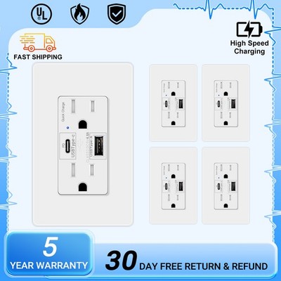 Fast Charging USB Outlet 65W PD3.0 Overload Protection 2AC+2USB-C UL Listed ×5