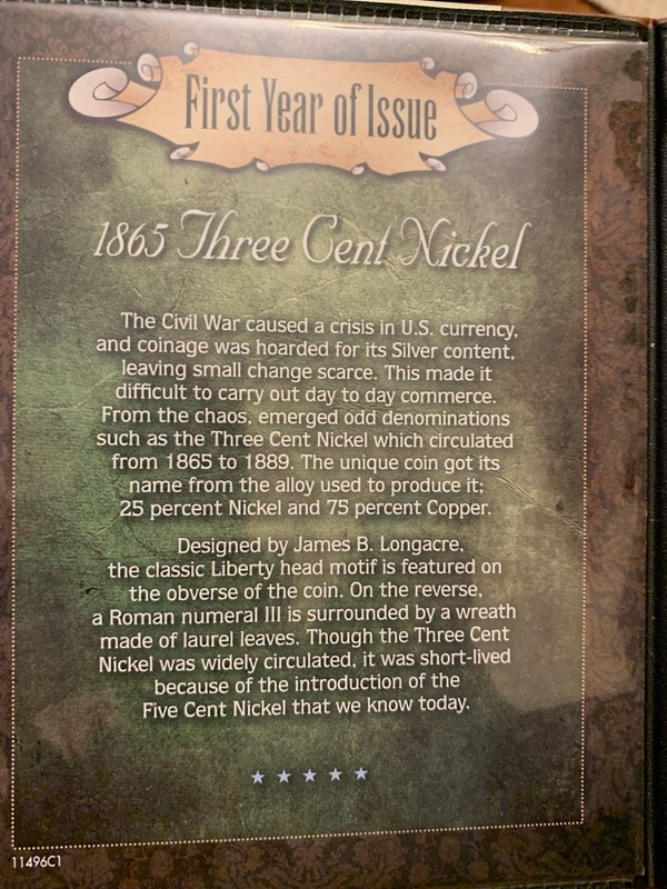 1865 Three 3 Cent Nickel Piece 3CN In Nice Display Folder W/ History & COA WXCR