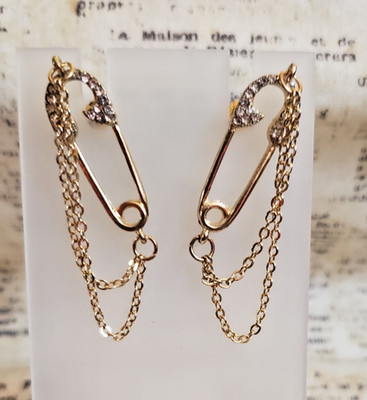 Skater, Indie - Gold Tone and Pave Safety Pin Earrings with Double Chain Accent