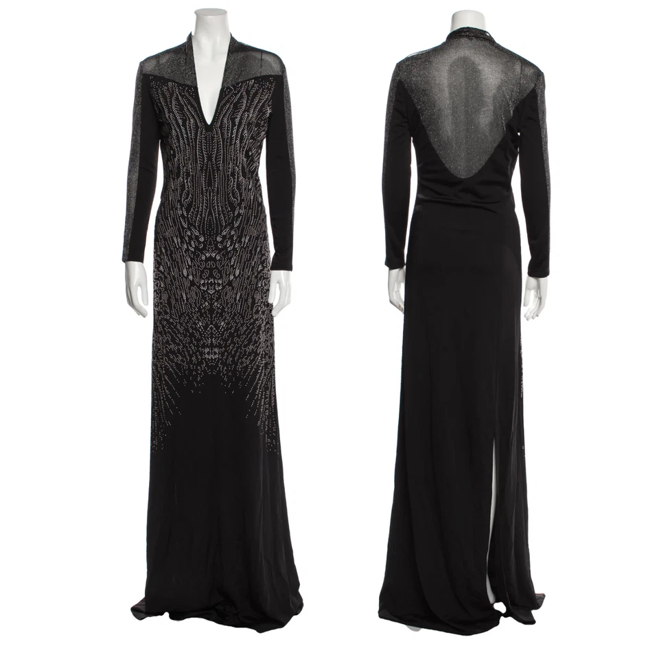 Vestido JUST CAVALLI decote em V metálico cravejado manga transparente / Novo com etiquetas - Imagem 4 de 4