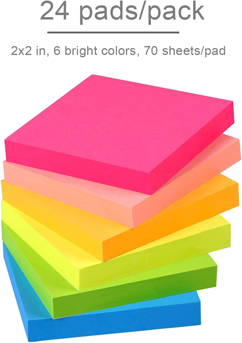 (24 Pack) Sticky Notes 2X2 in Bright Stickies Colorful Super Sticking