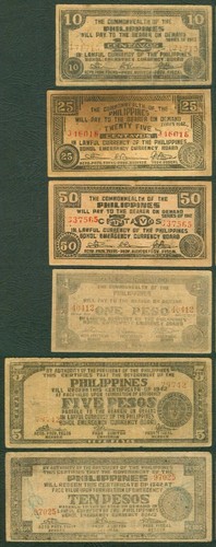 BOHOL 6 pcs. 1942 US Philippines WW2 Emergency Notes 10, 25, 50c, 1, 5, 10 pesos - Picture 2 of 4