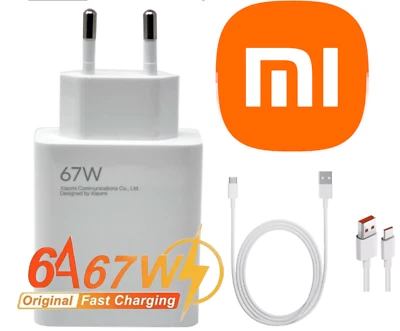 OMEGATECH Caricabatteria da 67W 6A per Xiaomi Rapido+Cavo USB Caricatore =Originale Bianco