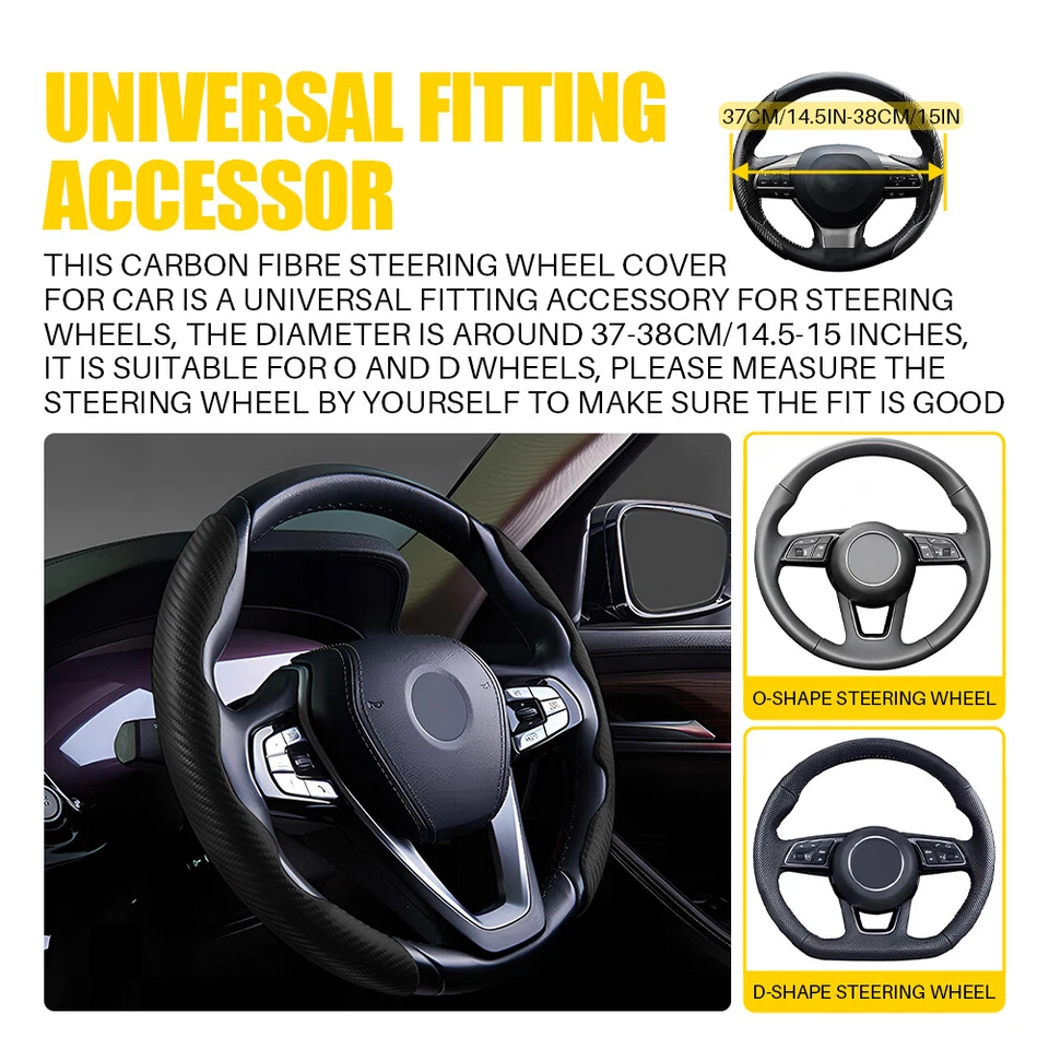 Carbon Fiber Style Non-Slip Car Steering Wheel Cover Booster Black 15"/38 cm - Image 3 of 4