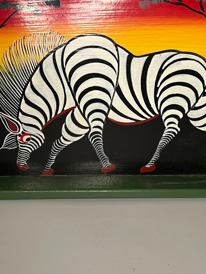 Vintage Mr. Murdin Signed Hand Painted Zebra on Desert Wood Serving Tray 16”x10" - Image 3 of 4
