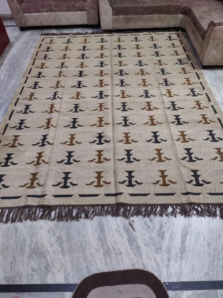 Alfombra de lana y yute hecha a mano, alfombra Kilim Dhurrie, pasillo tradicional indio Foto 3 de 4