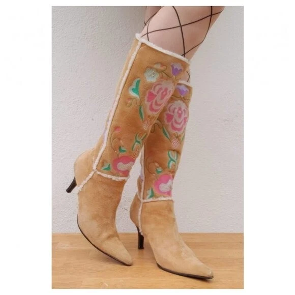 Casadei Women s Floral Embroidered Y2K Suede Boots Tan Pink Size 7.5