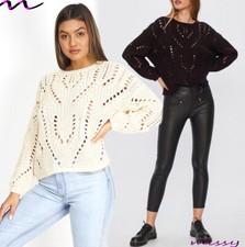 NEW Womens Black Pointelle Jump CHUNKY CREW Neck Knit Blouse KNITTED JUMPER TOP 