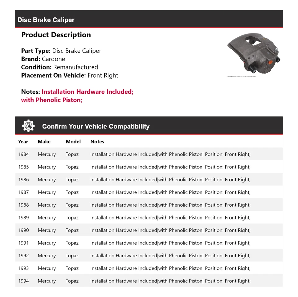 For 1984-1994 Mercury Topaz Disc Brake Caliper Front Right Cardone 1985 1986 - Image 2 of 4