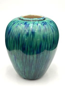 Vintage Studio Art Pottery Vase, Bright Navy and Green Drip Glaze, 5.5'', Signed