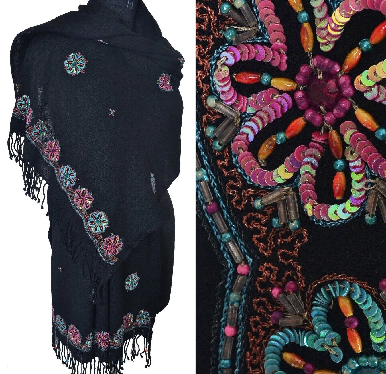 Black Hand-Beaded Floral Scarf 100% Cashmere Pashmina Sequins Embroidered Shawl