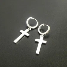 Shiny 925 Sterling Silver Cross on Small Hoop Pierced Earrings Sleek Minimal