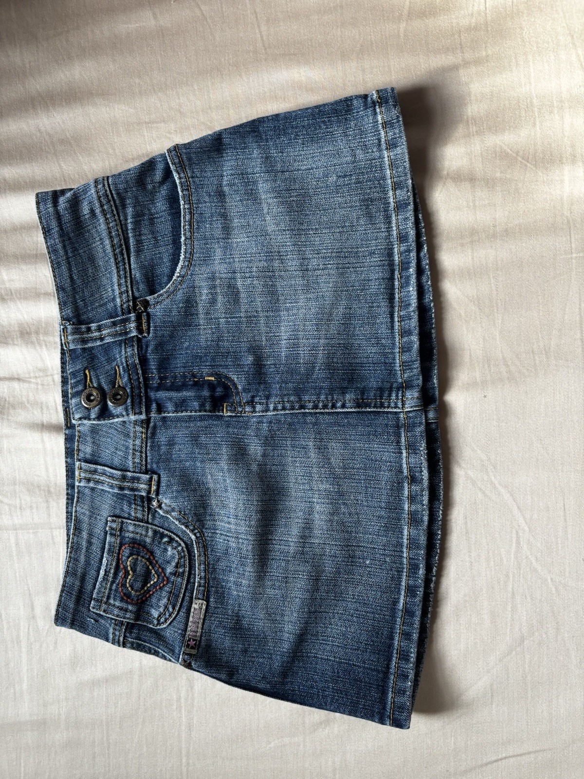 Bubblegum Women’s Blue Denim Mini Skirt Size 3/4 Zip Button Logo Accents