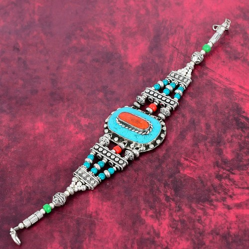 Turquoise, Red Coral Tibetan Nepali Ethnic Bracelet 925 Sterling Silver Jewelry - Picture 4 of 6