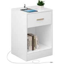 Nightstand with Charging Station, End Side Table with Storage Drawer and Open...