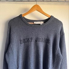DKNY Jeans Mens Charcoal Grey Ribbed Knit Crewneck Sweater Embroidered Logo L