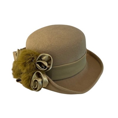 Vintage Milano Moss Green Wool Felt Bowler / Derby Hat, Satin Roses, Rabbit Fur